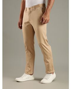Beige Straight Fit Mid-Rise Solid Chinos Trouser