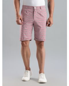 Red Mid-Rise Regular Fit Gingham Checks Cotton Shorts
