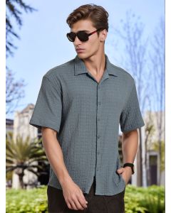 Blue Regular Fit Short Sleeves Cuban Collar Seersucker Shirt