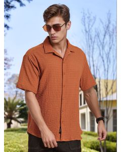 Brown Regular Fit Short Sleeves Cuban Collar Seersucker Shirt