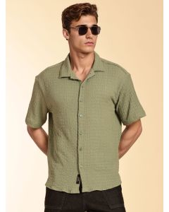 Green Regular Fit Short Sleeves Cuban Collar Seersucker Shirt