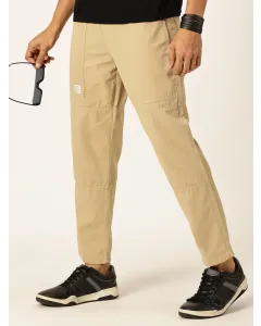 Beige Relaxed Fit Mid Rise Cotton Woven  Joggers