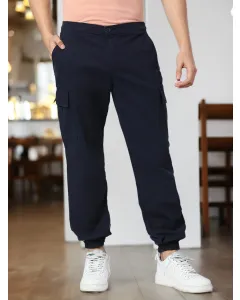 Men Navy Blue Solid Cargo Trousers