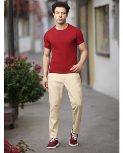 Beige Cotton Solid Chino Trouser