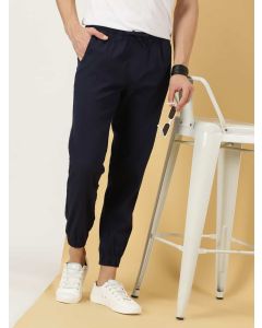 Navy Blue Men Smart Cotton Linen Joggers