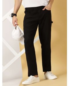 Black Regular Fit Mid-Rise Woven Cotton Linen Chinos Trouser