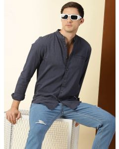 Men Navy Blue Solid Casual Shirt