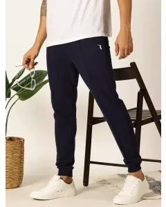 Men Navy Blue Cotton Blend Track Pants