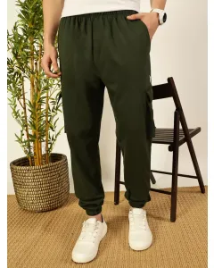 Kombu Green Relaxed Fit Mid Rise Solid Knitted Cargo Joggers