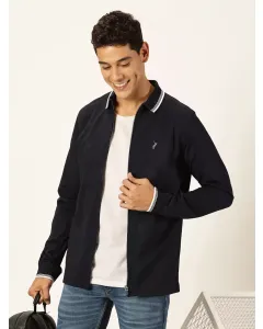 Men Navy Blue Solid Bomber Jacket