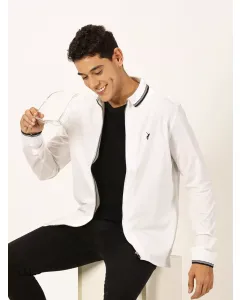 Men White Solid Bomber Jacket
