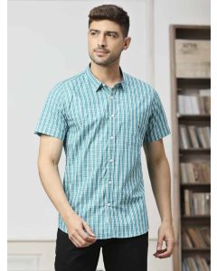 Green Slim Fit Short Sleeves Checked Shirt