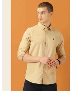 Beige Slim Fit Long Sleeves Button-Down Collar Twill Shirt