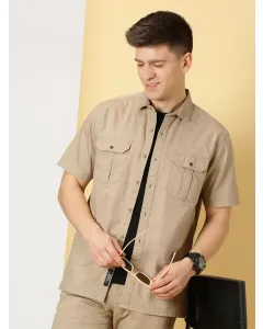 Men Khaki Solid Oversized Casual Shirt