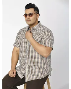 Brown Plus Size Regular Fit Short Sleeves Checked Shirt