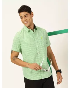 Green Slim Fit Short Sleeves Checked Shirt