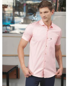 Pink Slim Fit Short Sleeves Spread Collar Solid Cotton Casual Shirt
