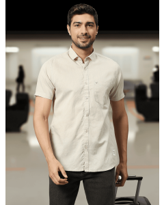 Beige Slim Fit Short Sleeves Spread Collar Linen Casual Shirt