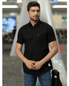 Black Slim Fit Short Sleeves Spread Collar Linen Casual Shirt