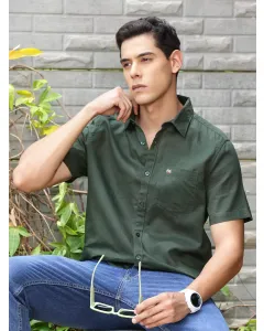 Dark Green Slim Fit Short Sleeves Spread Collar Linen Casual Shirt