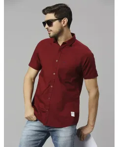 Maroon Slim Fit Short Sleeves Spread Collar Linen Casual Shirt