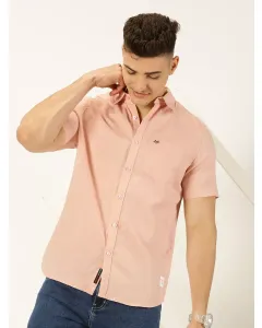 Peach Slim Fit Short Sleeves Spread Collar Linen Casual Shirt