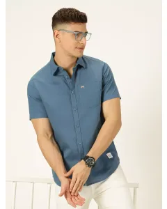 Teal Slim Fit Short Sleeves Spread Collar Linen Casual Shirt