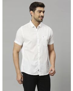 White Slim Fit Short Sleeves Spread Collar Linen Casual Shirt