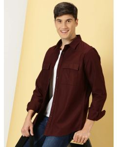 Men Wine Solid Slim Fit Cotton Casual Shirt
