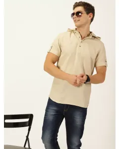 Men Beige Cotton Linen Hooded Shirt