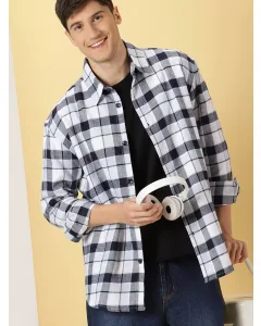 Blue Tartan Checks Cotton Opaque Checked Casual Shackets
