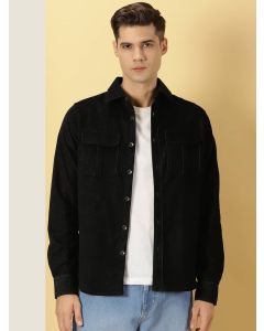 Black Slim Fit Long Sleeves Spread Collar Cotton Corduroy Shirt
