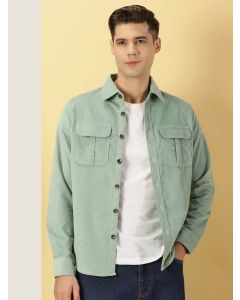 Green Slim Fit Long Sleeves Spread Collar Cotton Corduroy Shirt
