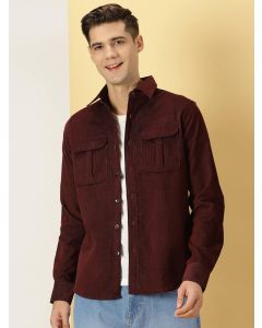 Wine Slim Fit Long Sleeves Spread Collar Cotton Corduroy Shirt