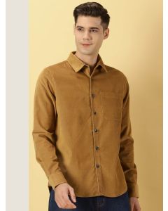 Beige Slim Fit Long Sleeves Spread Collar Cotton Corduroy Shirt