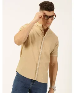 Beige Slim Fit Short Sleeves Textured Shirt