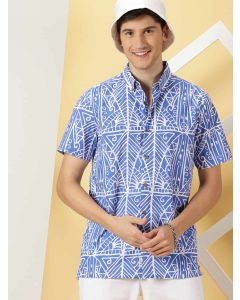 Men Blue Printed Smart Slim Fit Casual Shirt