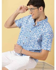 Men Blue Printed Cotton Casual Shirt