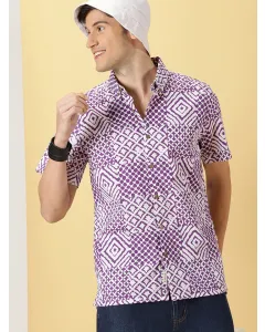 Men Purple Printed Slim Fit Cotton Shirt