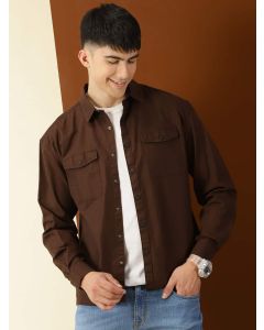 Brown Classic Spread Collar Twill Weave Cotton Shackets