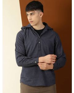 Blue Modern Hooded Pure Cotton Casual Shirt