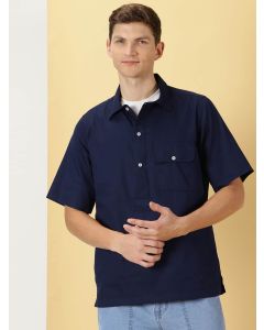 Navy Blue Spread Collar Cotton Casual Shirt