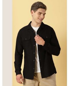 Black Classic Regular Cuban Collar Long Sleeve Pocket Cotton Linen Shacket