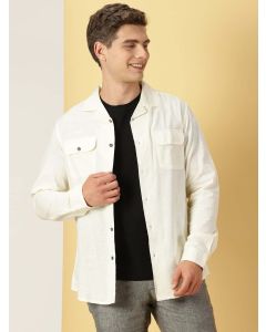 Cream Spread Collar Classic Cotton Linen Shacket