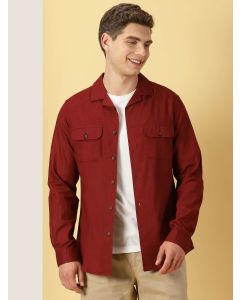 Maroon Classic Cuban Collar Cotton Linen Casual Shacket
