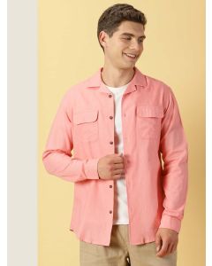 Peach Classic Regular Fit Cuban Collar Long Sleeve Cotton Linen Shacket