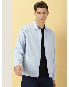 Blue Oversized Fit Long Sleeves Spread Collar Solid Cotton Linen Knitted Casual Shirt