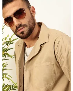 Men Beige Solid Cotton Casual Shirt