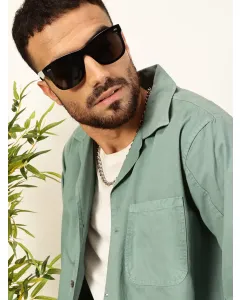 Men Teal Solid Cotton Oversized Shirt