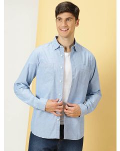 Men Blue Solid Regular Fit Cotton Shirt